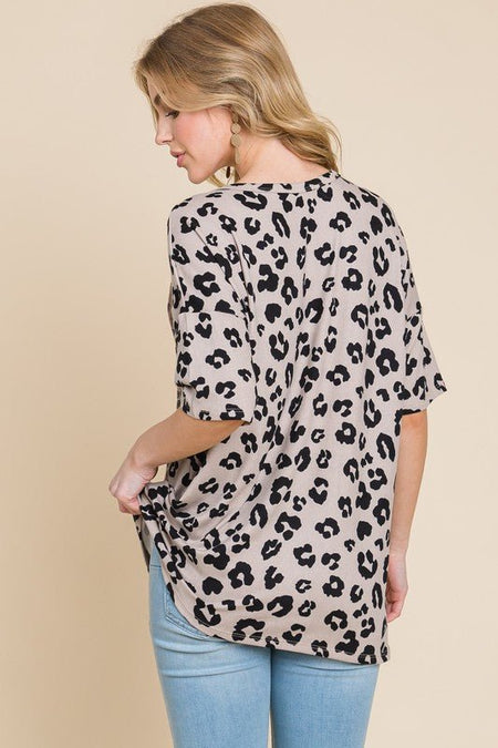 BOMBOM Button Detail Exposed Seam Leopard Half Sleeve Top - S. M. & Co.