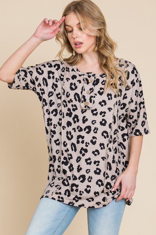 BOMBOM Button Detail Exposed Seam Leopard Half Sleeve Top - S. M. & Co.