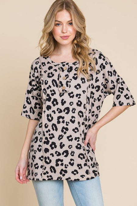 BOMBOM Button Detail Exposed Seam Leopard Half Sleeve Top - S. M. & Co.