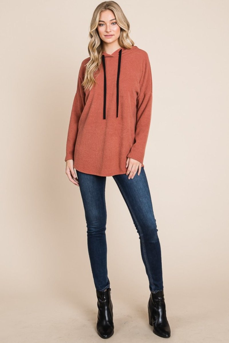 BOMBOM Contrast Drawstring Drop Shoulder Knit Hoodie - S. M. & Co.