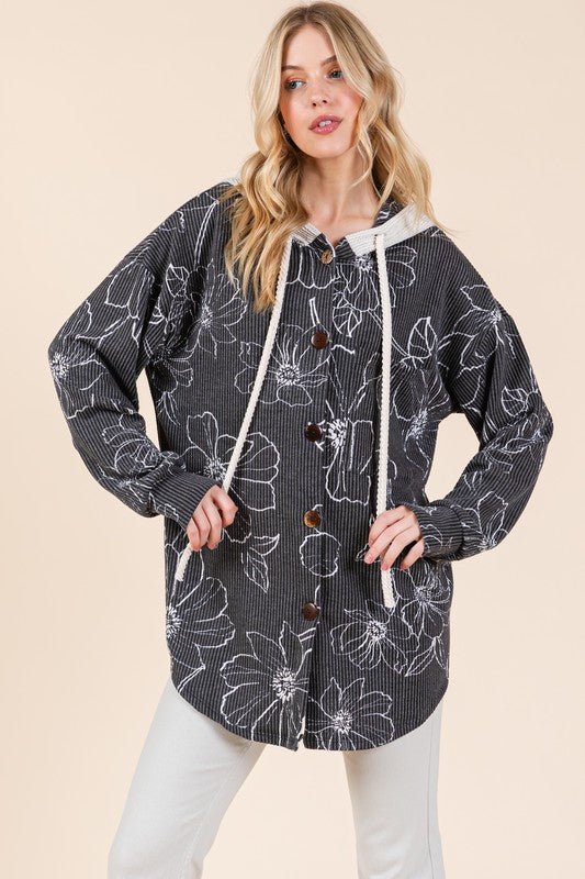 BOMBOM Drawstring Flower Print Button Up Shacket - S. M. & Co.