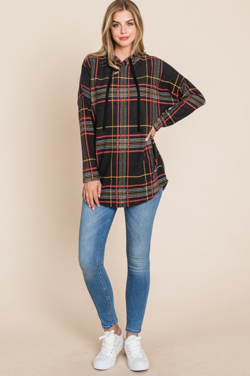 BOMBOM Drawstring Plaid Long Sleeve Hoodie - S. M. & Co.