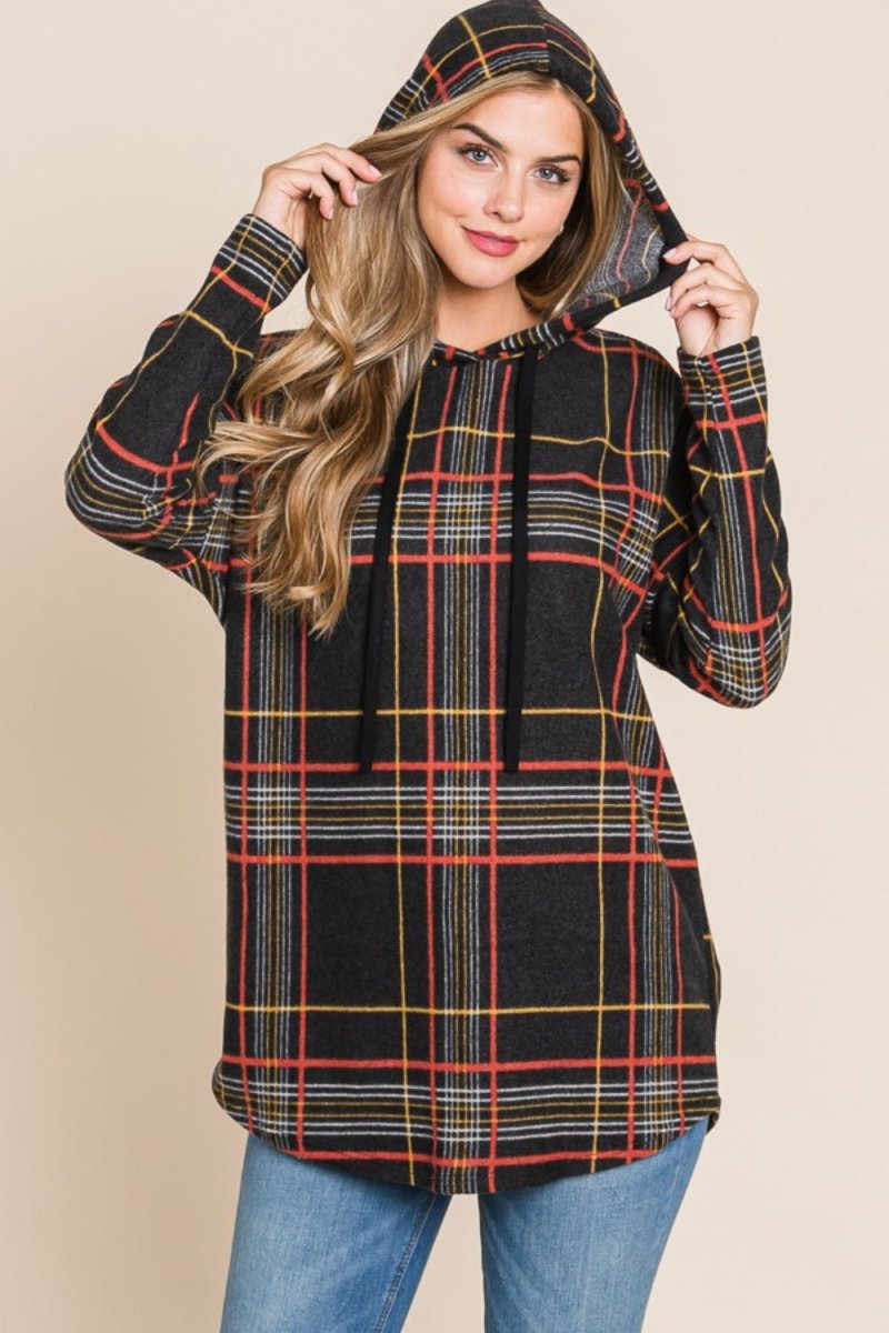 BOMBOM Drawstring Plaid Long Sleeve Hoodie - S. M. & Co.