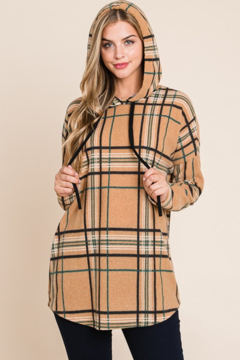 BOMBOM Drawstring Plaid Long Sleeve Hoodie - S. M. & Co.