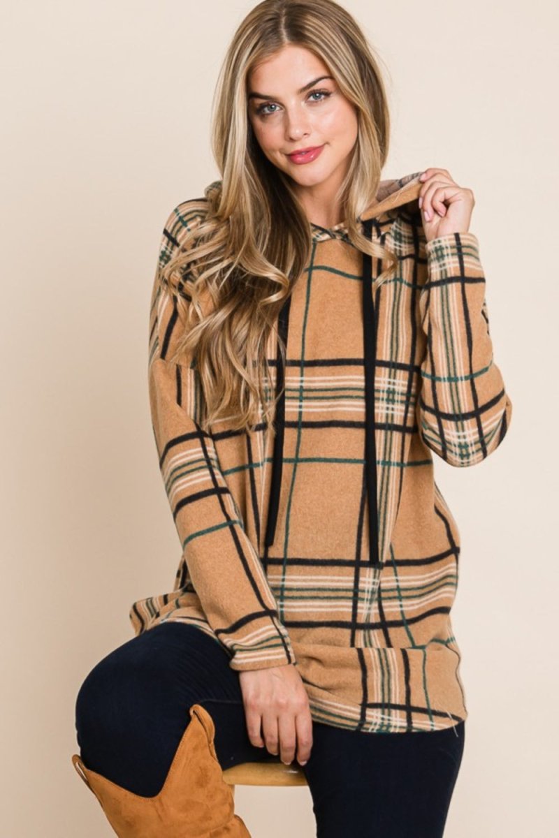 BOMBOM Drawstring Plaid Long Sleeve Hoodie - S. M. & Co.