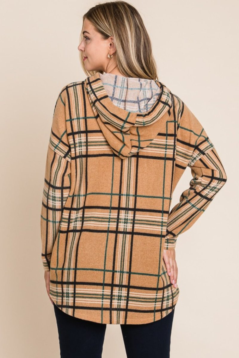 BOMBOM Drawstring Plaid Long Sleeve Hoodie - S. M. & Co.