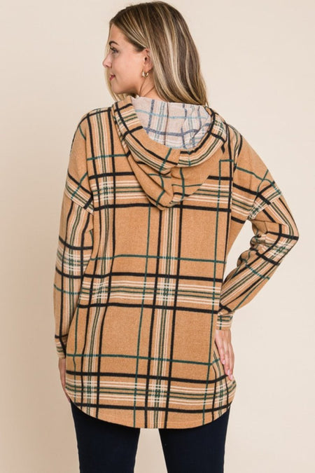 BOMBOM Drawstring Plaid Long Sleeve Hoodie - S. M. & Co.