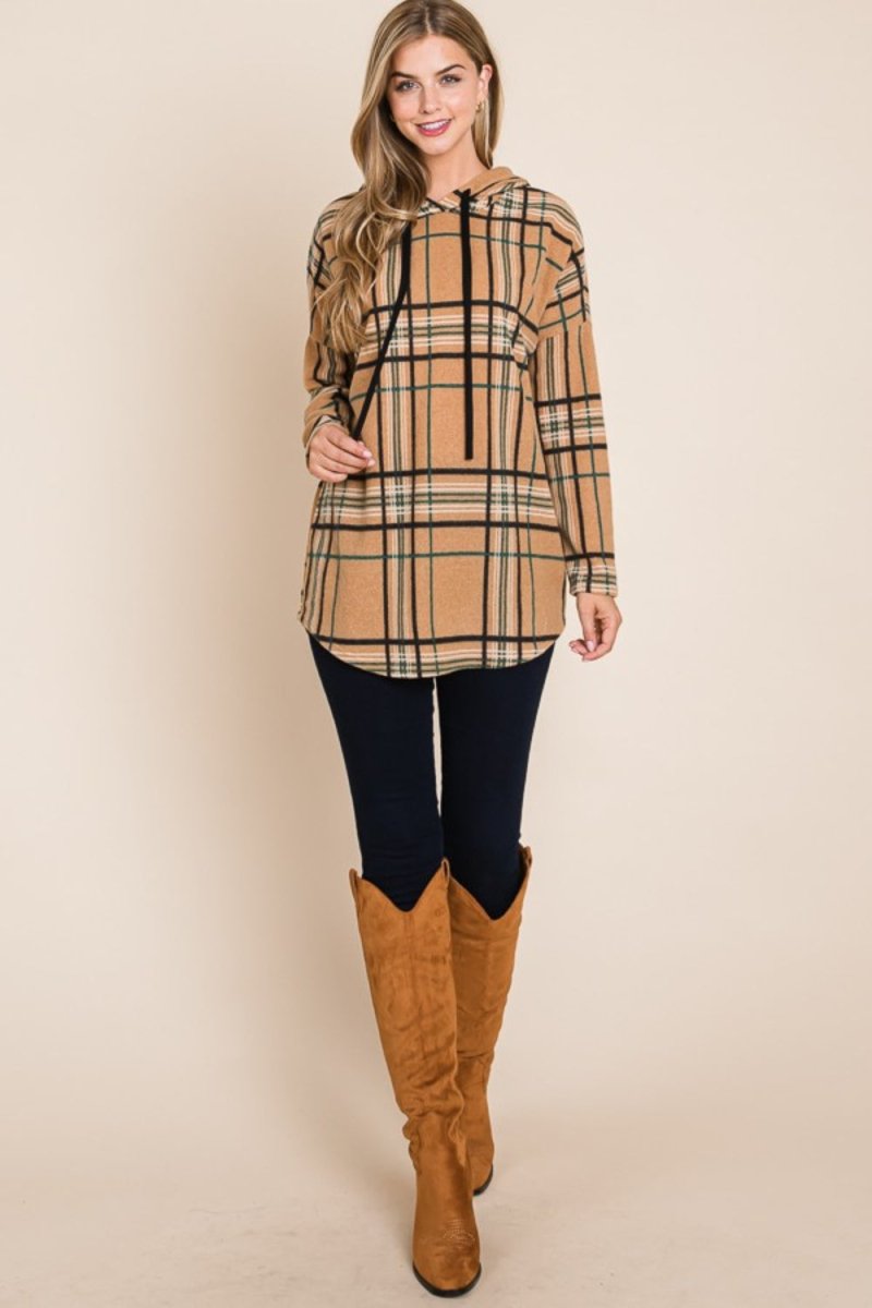 BOMBOM Drawstring Plaid Long Sleeve Hoodie - S. M. & Co.