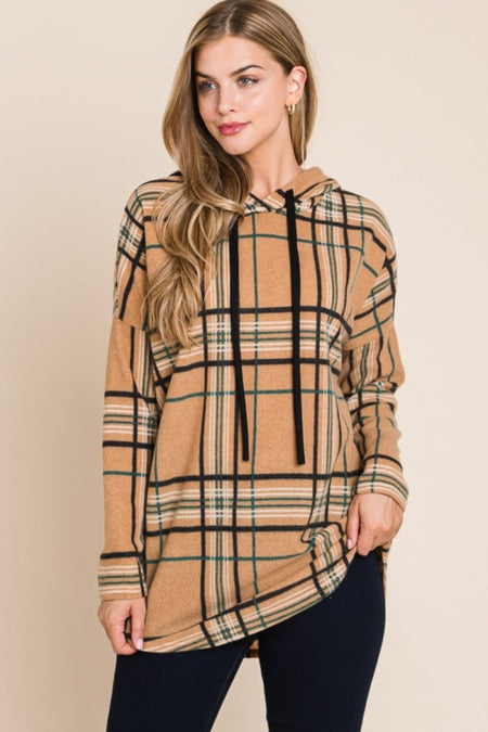 BOMBOM Drawstring Plaid Long Sleeve Hoodie - S. M. & Co.