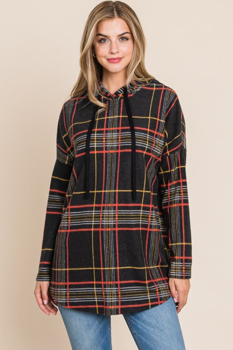 BOMBOM Drawstring Plaid Long Sleeve Hoodie - S. M. & Co.