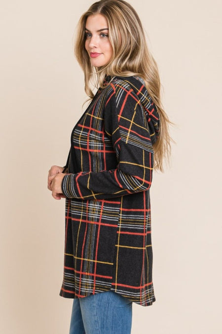 BOMBOM Drawstring Plaid Long Sleeve Hoodie - S. M. & Co.