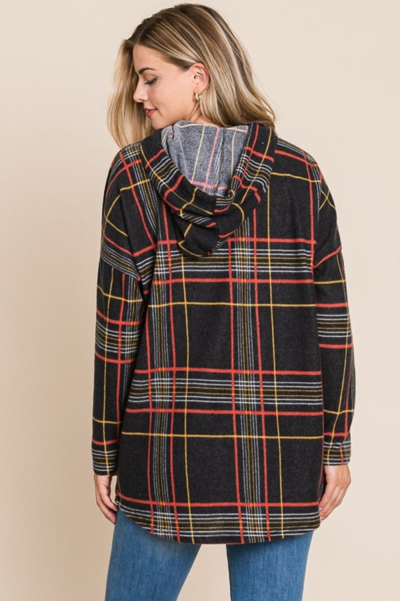 BOMBOM Drawstring Plaid Long Sleeve Hoodie - S. M. & Co.