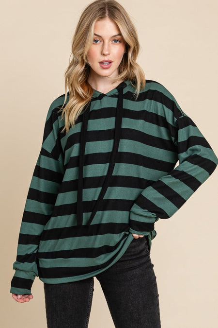 BOMBOM Drawstring Striped Dropped Shoulder Hoodie - S. M. & Co.