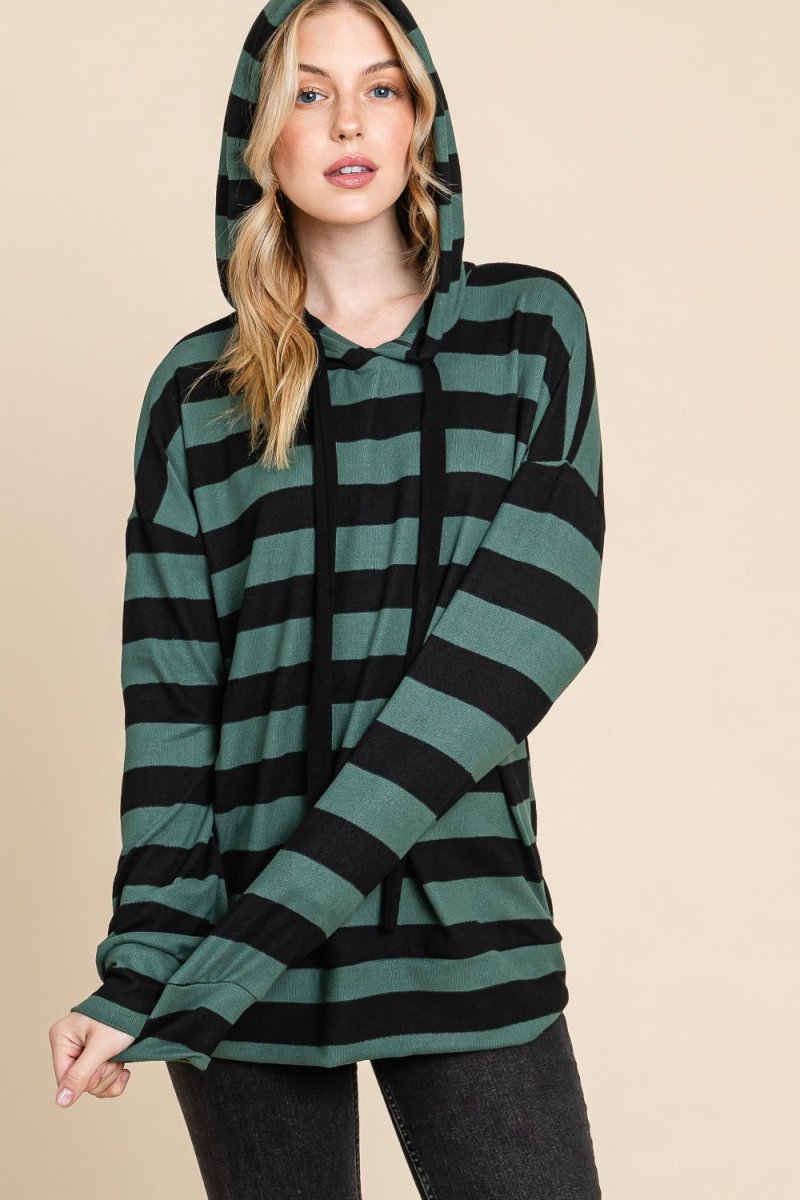 BOMBOM Drawstring Striped Dropped Shoulder Hoodie - S. M. & Co.