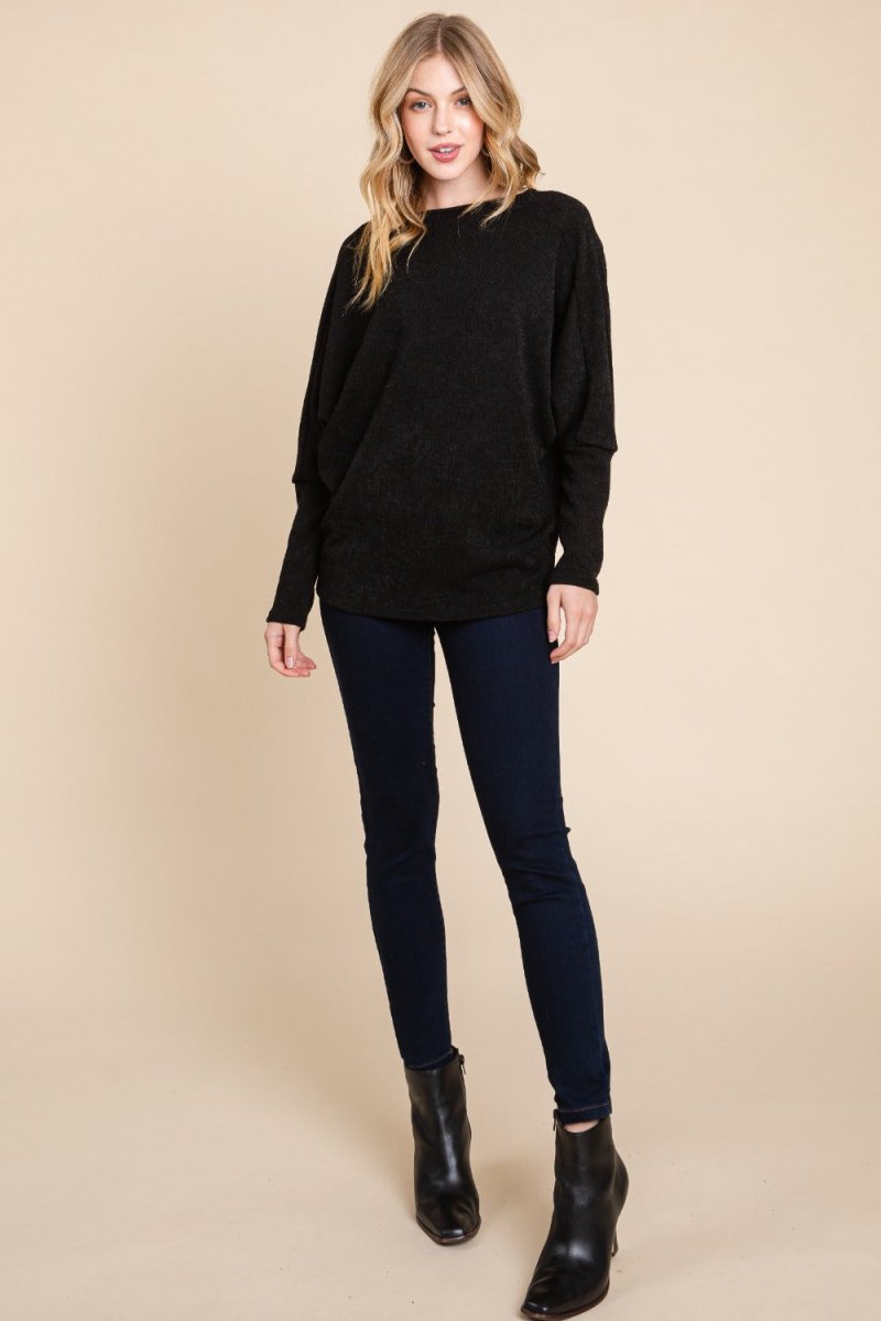 BOMBOM Drop Shoulder Long Sleeve Knit Top - S. M. & Co.