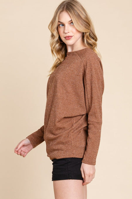 BOMBOM Drop Shoulder Long Sleeve Knit Top - S. M. & Co.