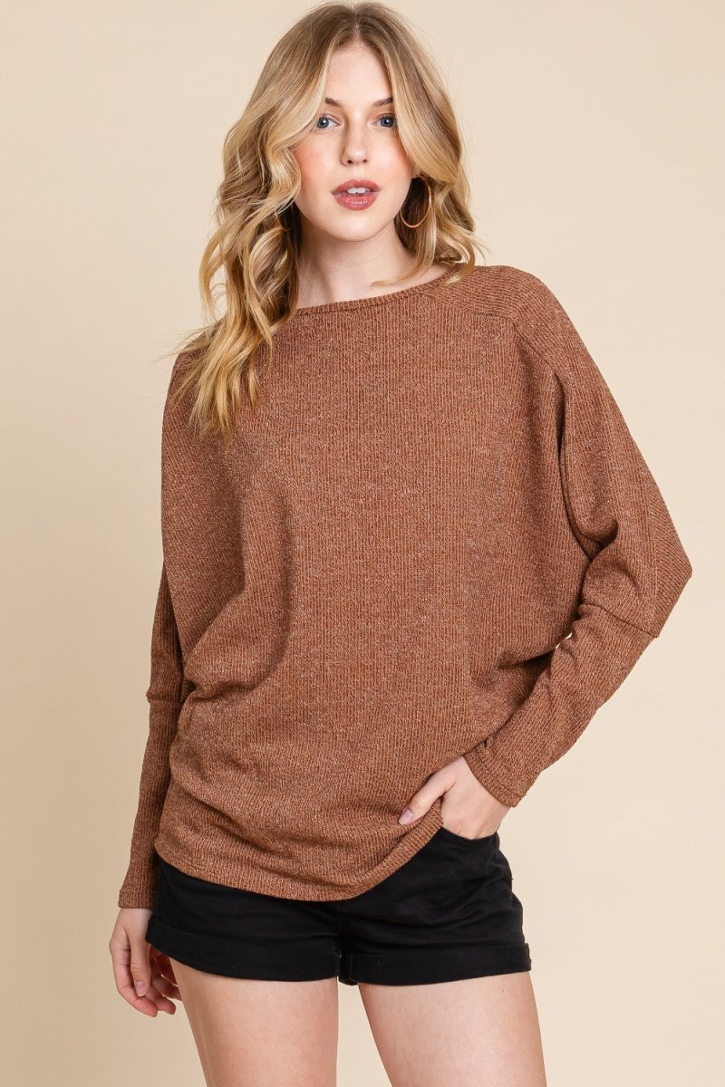 BOMBOM Drop Shoulder Long Sleeve Knit Top - S. M. & Co.