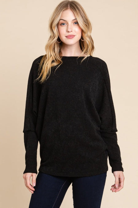 BOMBOM Drop Shoulder Long Sleeve Knit Top - S. M. & Co.