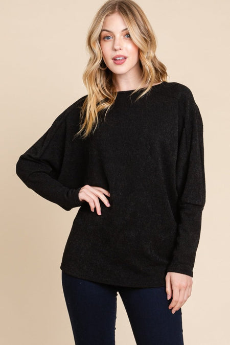 BOMBOM Drop Shoulder Long Sleeve Knit Top - S. M. & Co.