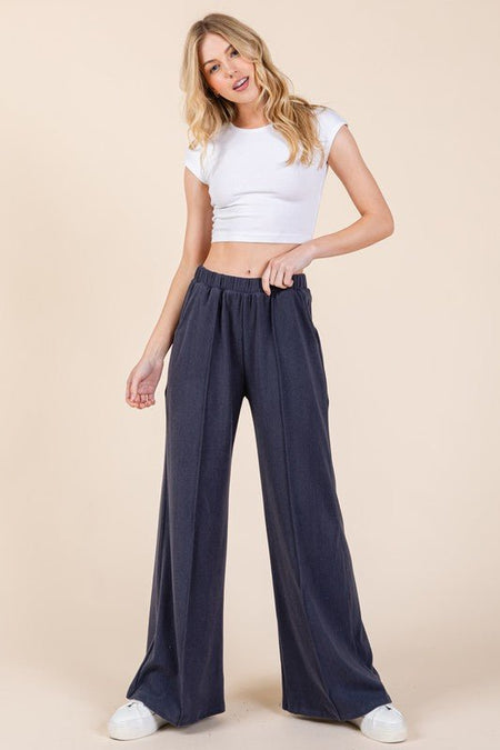 BOMBOM Elastic Waist Wide Leg Pants with Pockets - S. M. & Co.