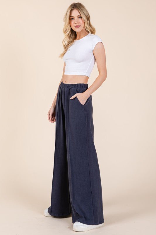 BOMBOM Elastic Waist Wide Leg Pants with Pockets - S. M. & Co.