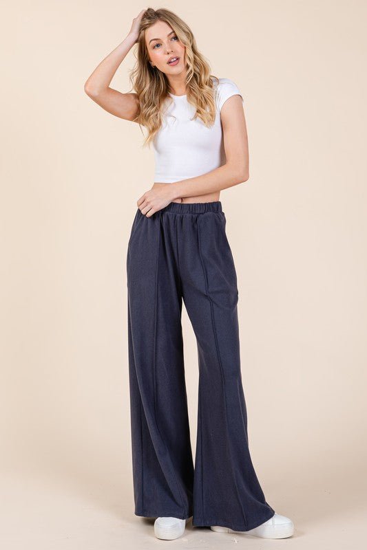 BOMBOM Elastic Waist Wide Leg Pants with Pockets - S. M. & Co.