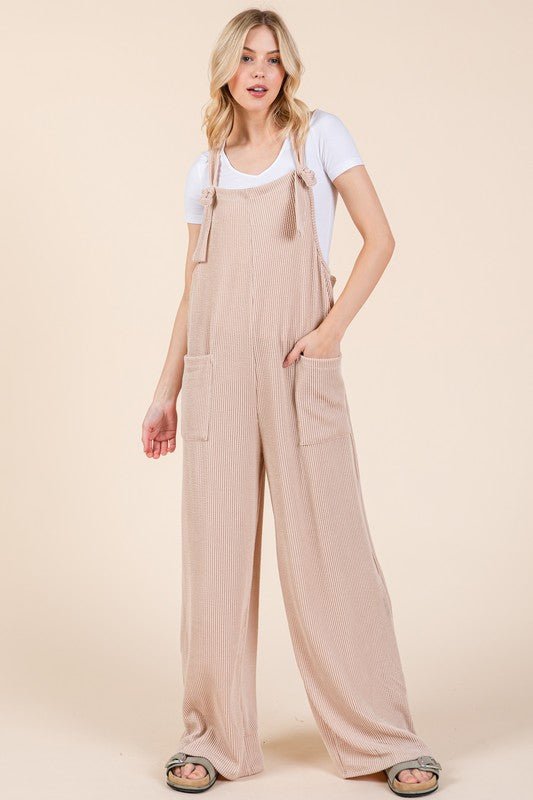 BOMBOM Knot Straps Wide Leg Ribbed Overalls with Pockets - S. M. & Co.