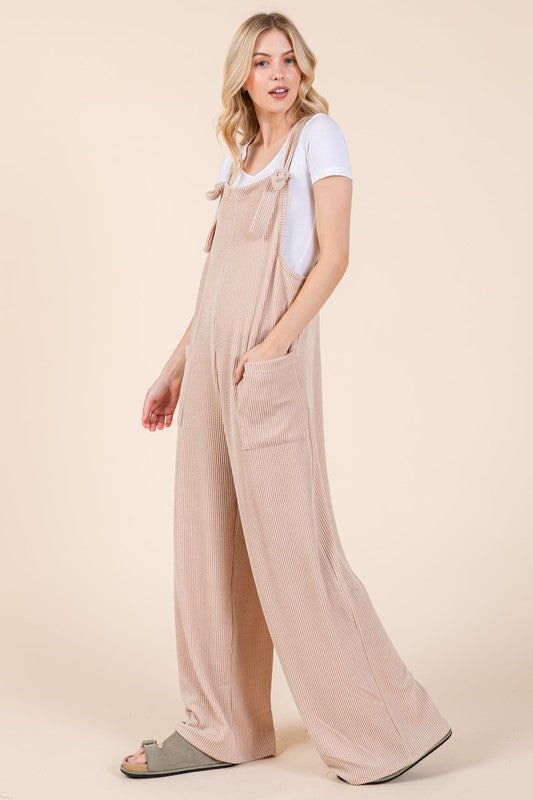 BOMBOM Knot Straps Wide Leg Ribbed Overalls with Pockets - S. M. & Co.