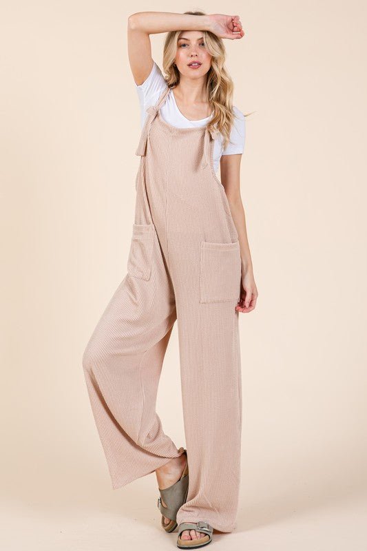 BOMBOM Knot Straps Wide Leg Ribbed Overalls with Pockets - S. M. & Co.