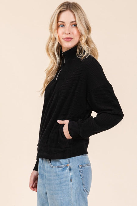 BOMBOM Quarter Zip Long Sleeve Sweatshirt with Pockets - S. M. & Co.