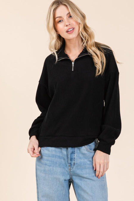 BOMBOM Quarter Zip Long Sleeve Sweatshirt with Pockets - S. M. & Co.