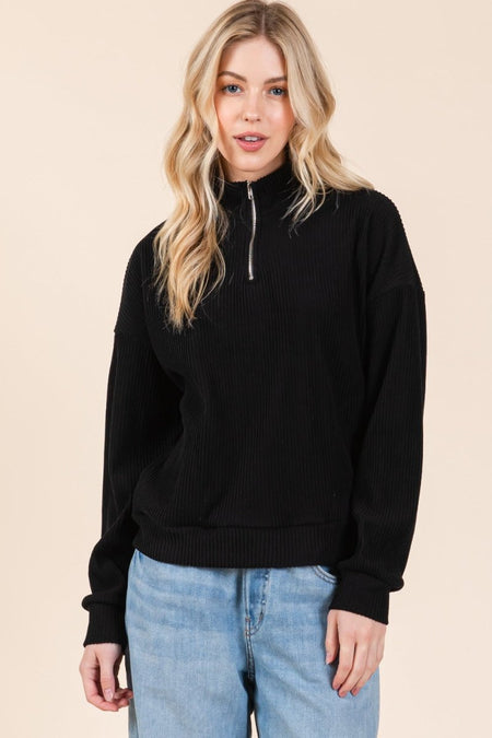 BOMBOM Quarter Zip Long Sleeve Sweatshirt with Pockets - S. M. & Co.