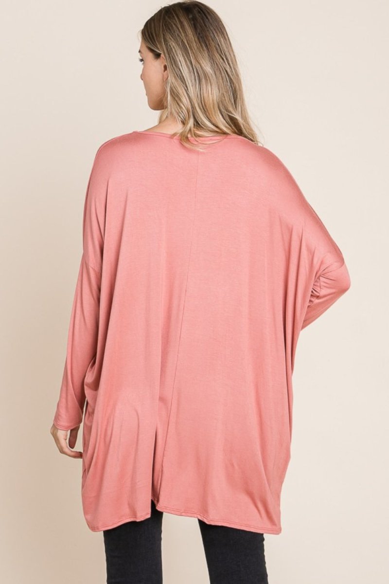 BOMBOM Round Neck Long Sleeve Oversized Top - S. M. & Co.