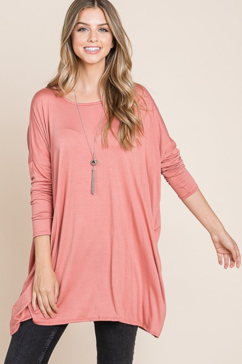 BOMBOM Round Neck Long Sleeve Oversized Top - S. M. & Co.