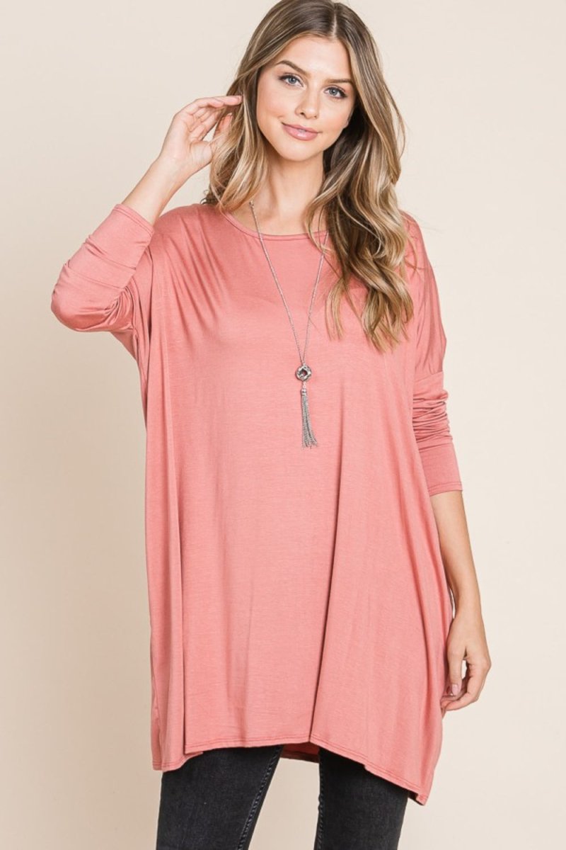 BOMBOM Round Neck Long Sleeve Oversized Top - S. M. & Co.