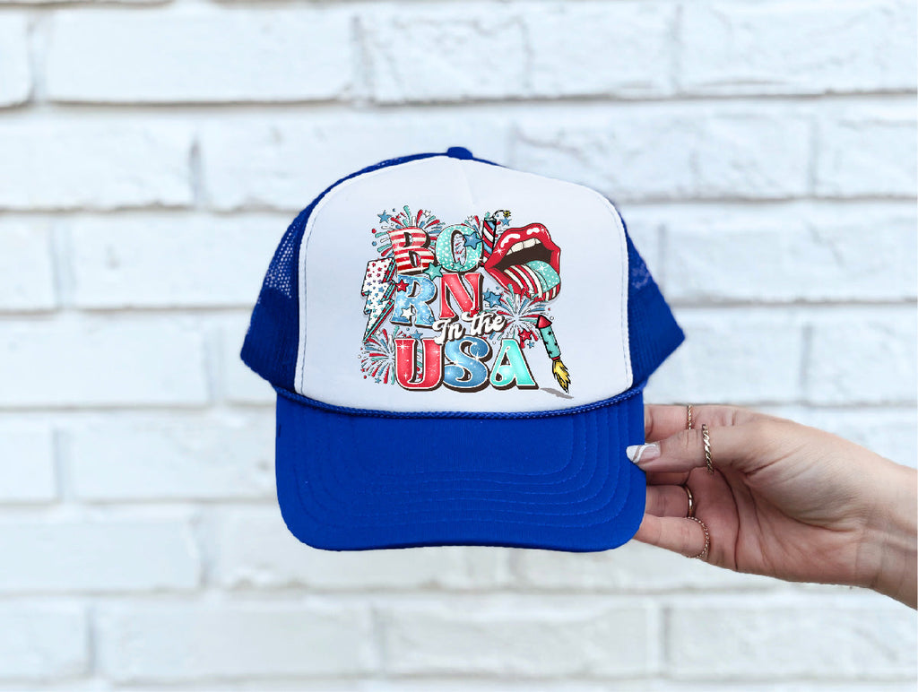 Retro Born in the USA DTF Printed Blue & White Trucker Hat