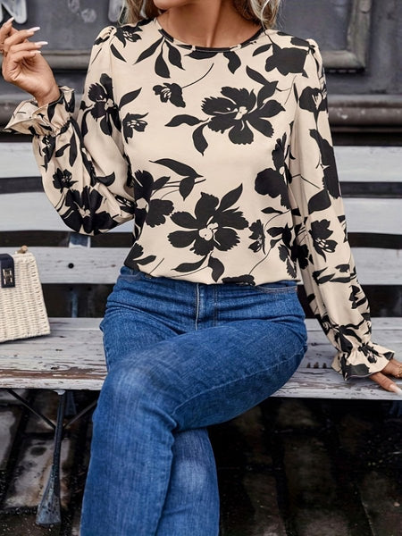 Bow Back Printed Round Neck Flounce Sleeve Blouse - S. M. & Co.