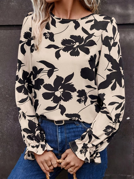 Bow Back Printed Round Neck Flounce Sleeve Blouse - S. M. & Co.