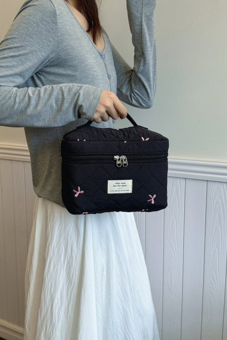 Bow Embroidered Quilted Storage Bag with Zip - S. M. & Co.