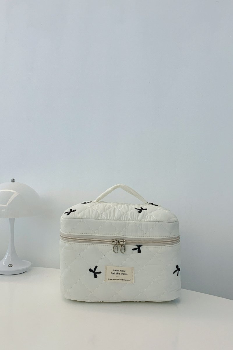 Bow Embroidered Quilted Storage Bag with Zip - S. M. & Co.