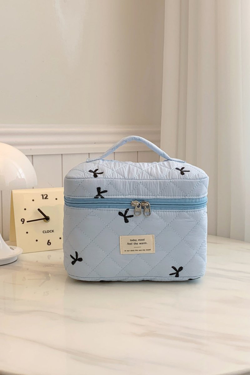 Bow Embroidered Quilted Storage Bag with Zip - S. M. & Co.