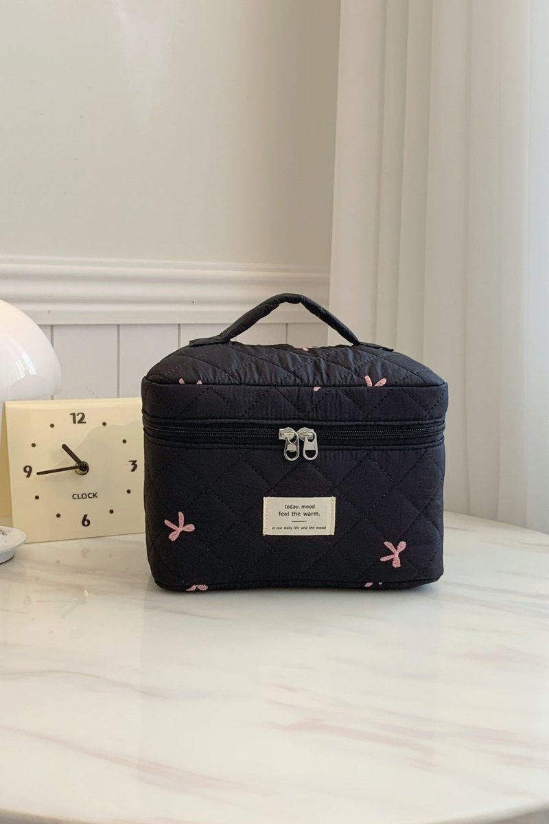 Bow Embroidered Quilted Storage Bag with Zip - S. M. & Co.