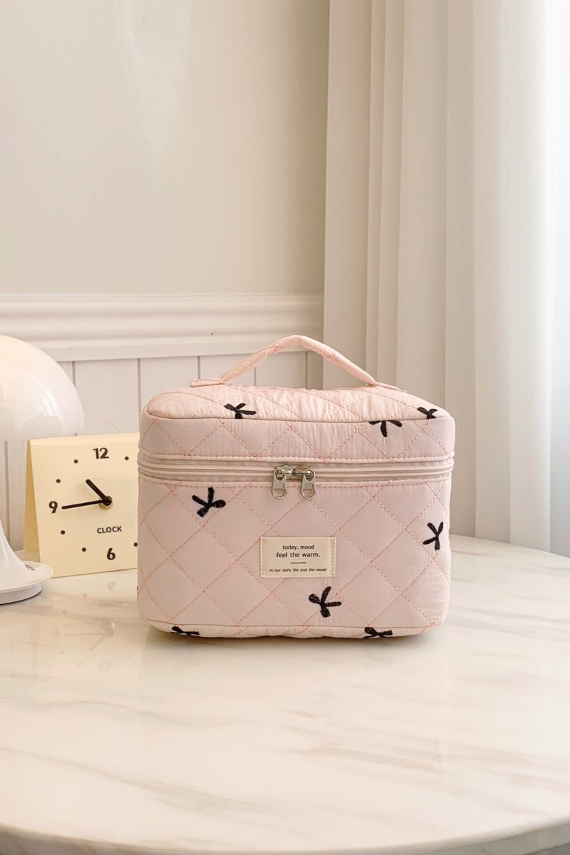 Bow Embroidered Quilted Storage Bag with Zip - S. M. & Co.