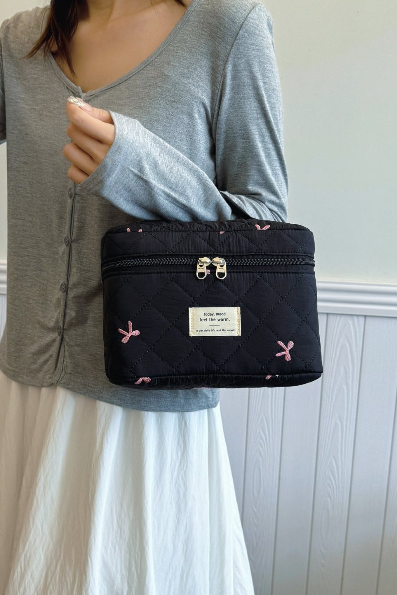 Bow Embroidered Quilted Storage Bag with Zip - S. M. & Co.