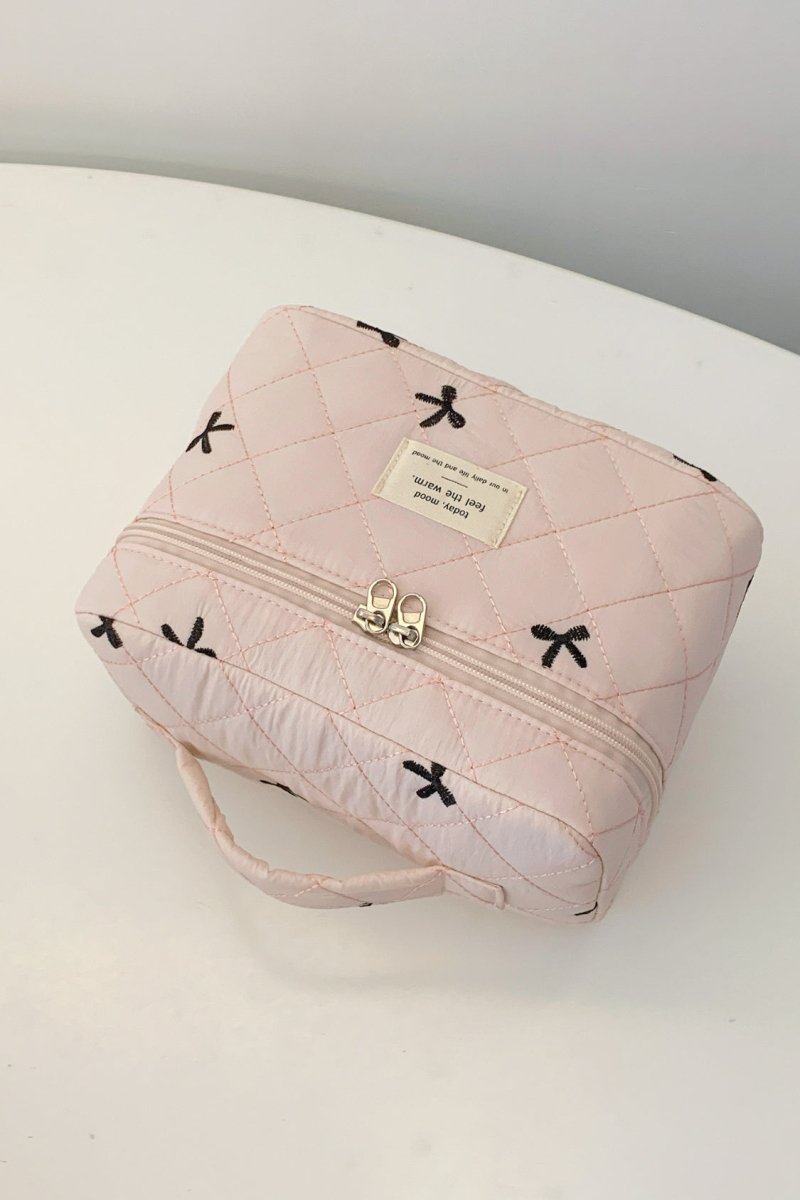 Bow Embroidered Quilted Storage Bag with Zip - S. M. & Co.