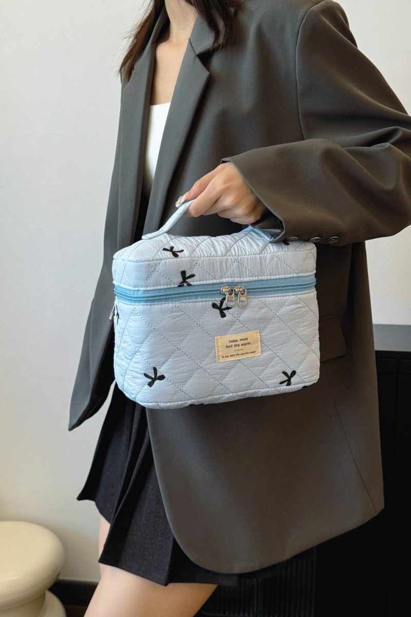 Bow Embroidered Quilted Storage Bag with Zip - S. M. & Co.