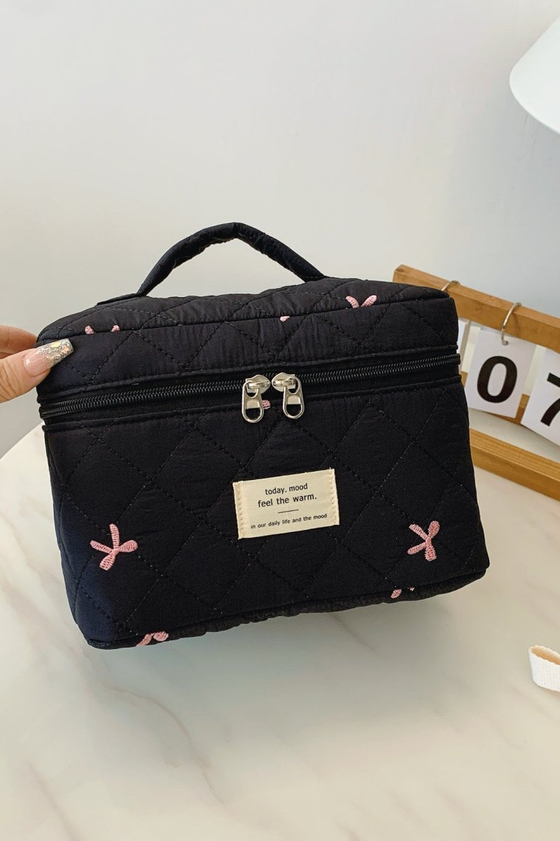 Bow Embroidered Quilted Storage Bag with Zip - S. M. & Co.