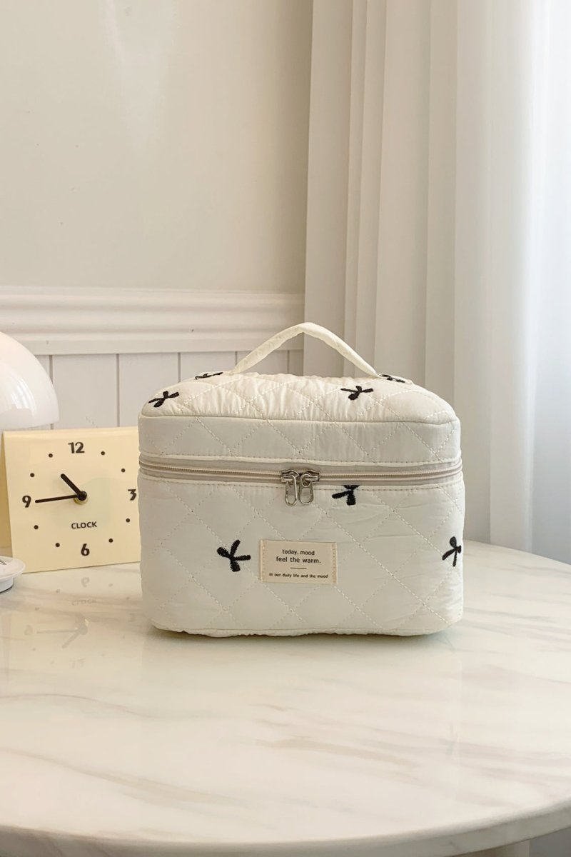 Bow Embroidered Quilted Storage Bag with Zip - S. M. & Co.