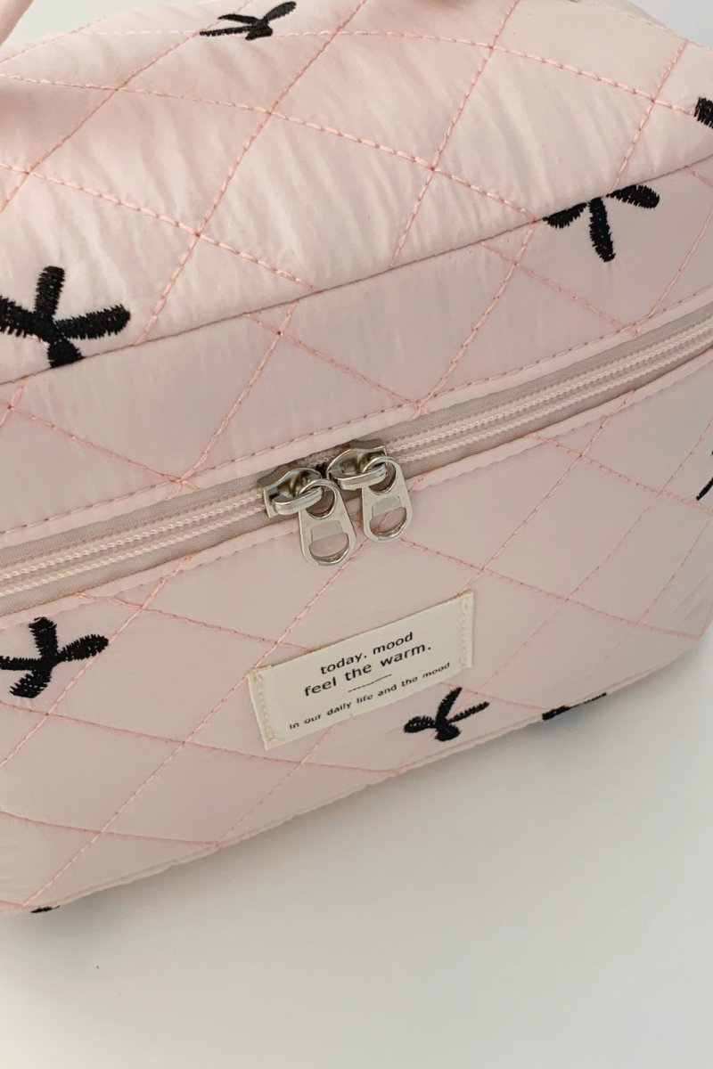 Bow Embroidered Quilted Storage Bag with Zip - S. M. & Co.