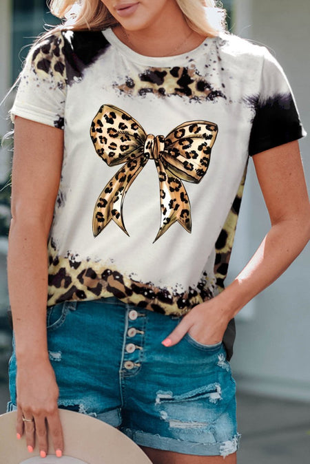 Bow Graphic Leopard Round Neck Short Sleeve T-Shirt - S. M. & Co.